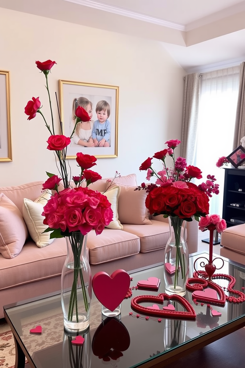 A cozy living room adorned with vibrant red and pink floral arrangements in elegant vases. The space features a plush sofa with soft throw pillows, and a coffee table adorned with heart-shaped decorations for a festive Valentine's Day ambiance.