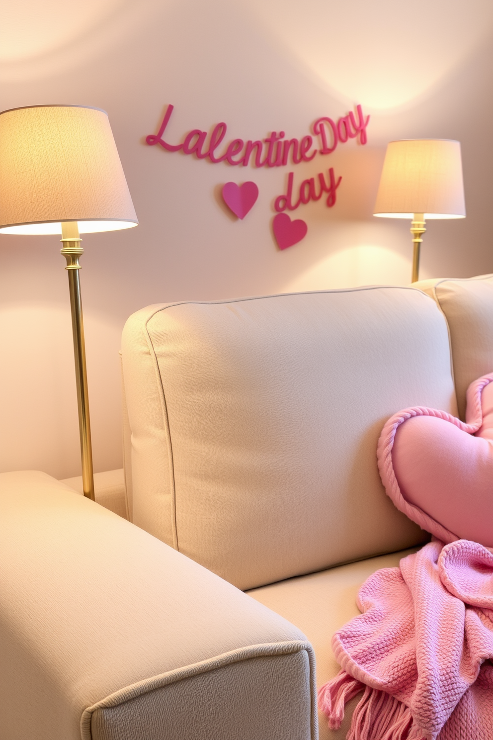 Elegant table lamps with soft lighting. They are placed on either side of a plush sofa, casting a warm glow throughout the room. For Valentine's Day, the living room is adorned with subtle decorations. Heart-shaped cushions and soft pink throws add a romantic touch to the cozy atmosphere.