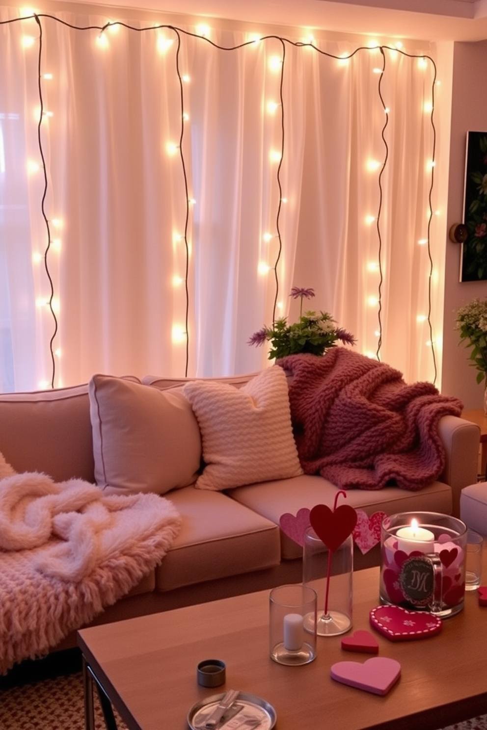 A cozy living room adorned with string lights creating a warm and inviting atmosphere. Plush cushions and a soft throw blanket are arranged on a comfortable sofa, while a coffee table holds heart-themed decorations for Valentine's Day.