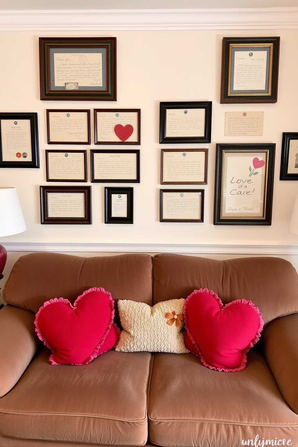 A cozy living room adorned with vintage love letters displayed in decorative frames. The walls are painted in soft pastels, and a plush sofa is complemented by heart-themed throw pillows.