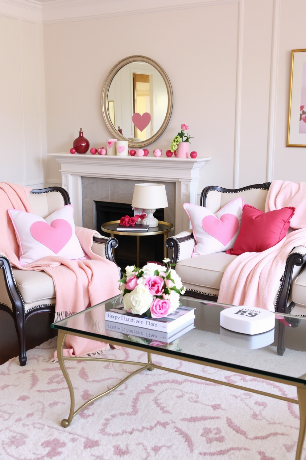 A cozy living room adorned for Valentine's Day features soft pastel blankets draped over elegant chairs. The warm ambiance is enhanced by heart-themed cushions and a subtle floral arrangement on the coffee table.