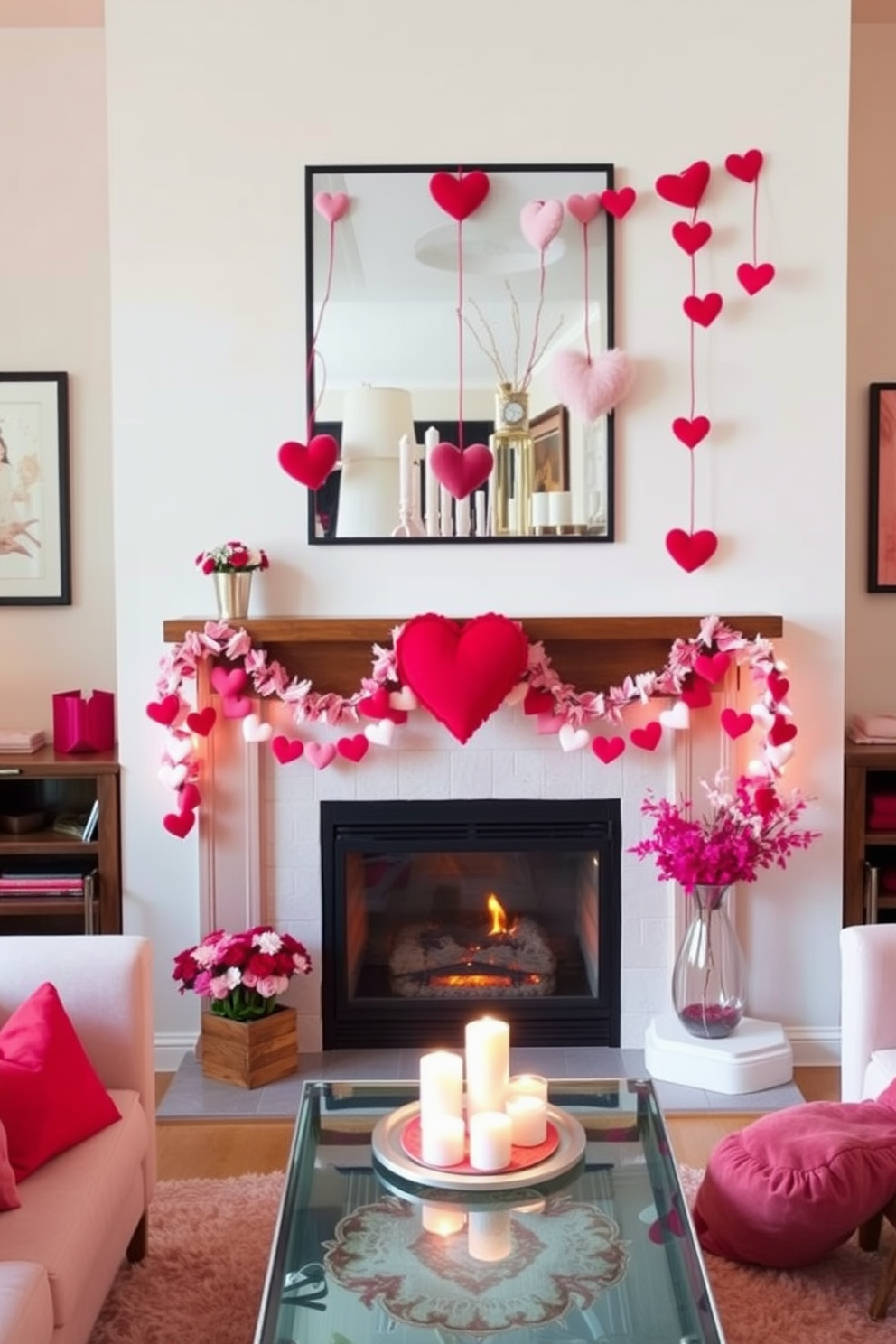 Heart garlands hang gracefully above the mantel, adding a festive touch to the living room. Soft pink and red hues create a warm and inviting atmosphere, perfect for celebrating Valentine's Day.