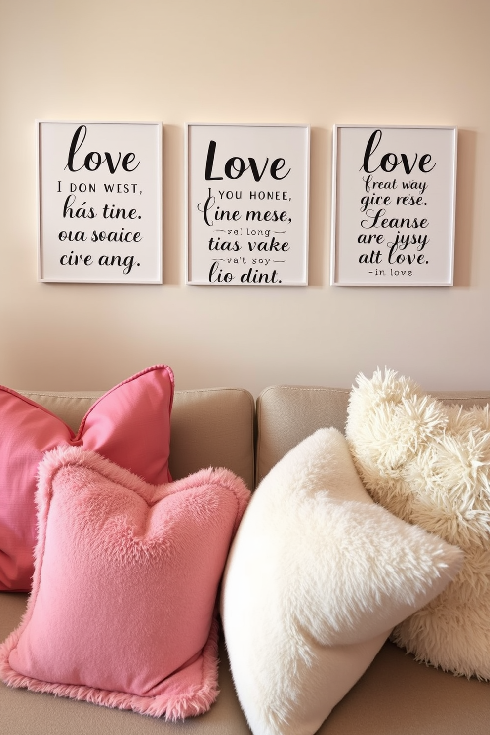 Love quotes displayed on wall art create a warm and inviting atmosphere in the living room. Soft pastel colors and plush cushions complement the decor, enhancing the romantic vibe for Valentine's Day.