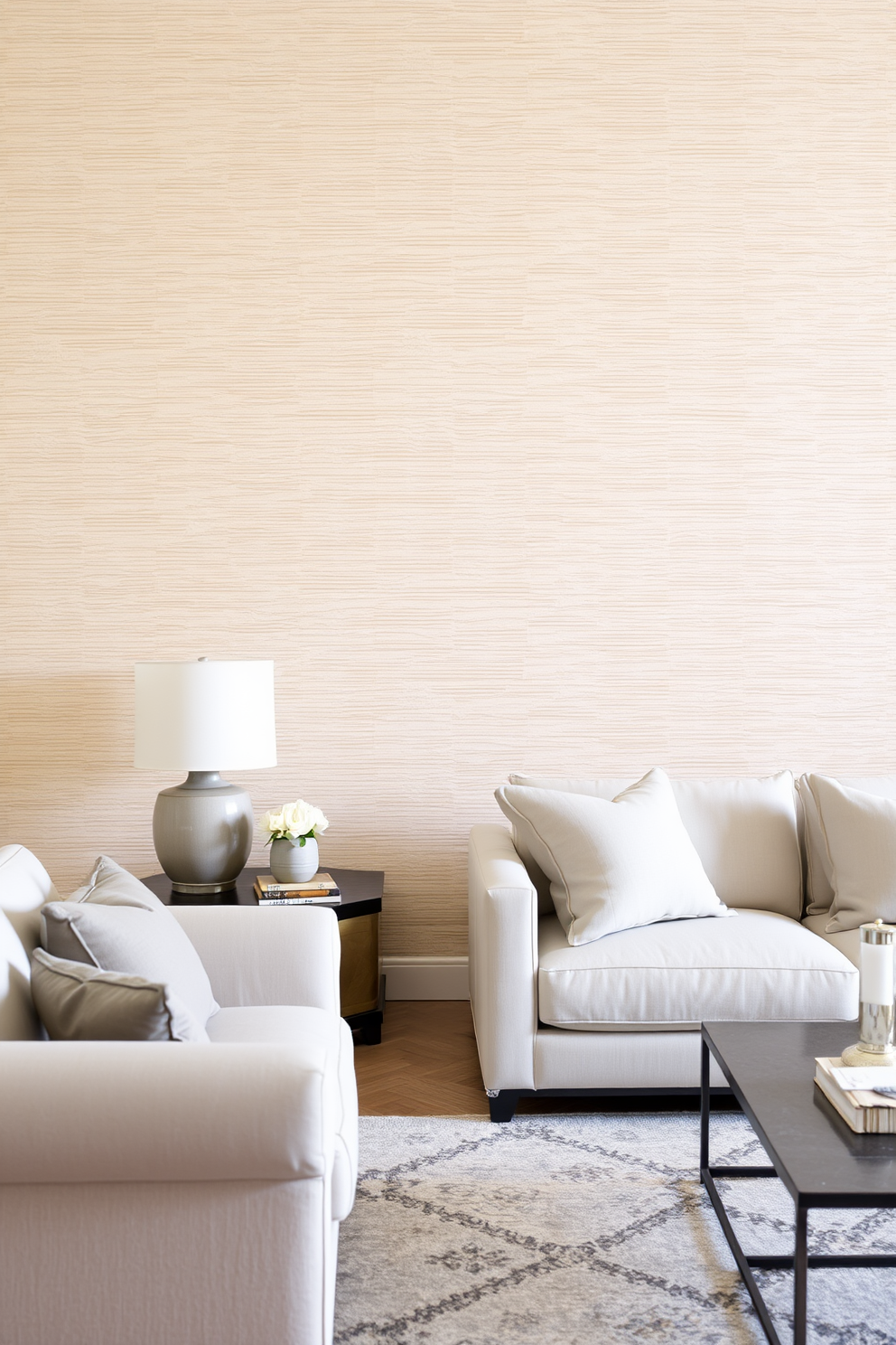 Textured neutral wallpaper creates a backdrop of subtle elegance in the living room. The soft tones complement the furnishings while adding depth and warmth to the space.