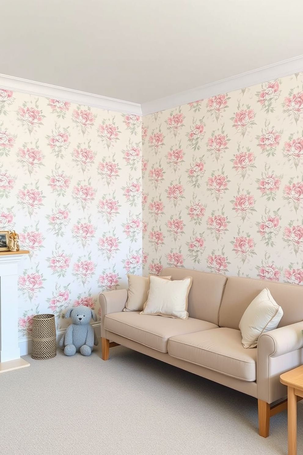 A serene living room adorned with soft pastel wallpaper that creates a calming atmosphere. The walls are covered in a delicate floral pattern featuring shades of blush pink and mint green, complemented by a plush beige sofa and light wood furniture.