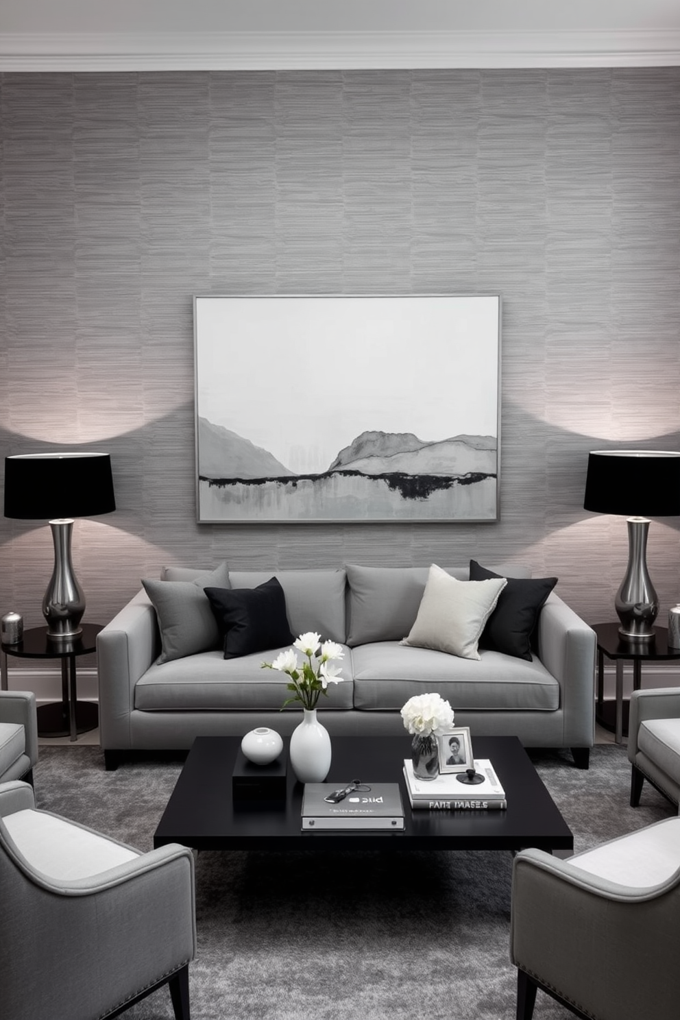 A chic living room featuring a monochromatic color scheme that creates a harmonious and elegant atmosphere. The walls are adorned with textured wallpaper in varying shades of gray, complemented by a plush gray sofa and matching accent chairs. The room includes a sleek coffee table in a dark finish, with decorative items arranged in a minimalist style. Soft lighting from stylish floor lamps enhances the cozy ambiance, while a large piece of abstract art in similar tones adds visual interest to the space.