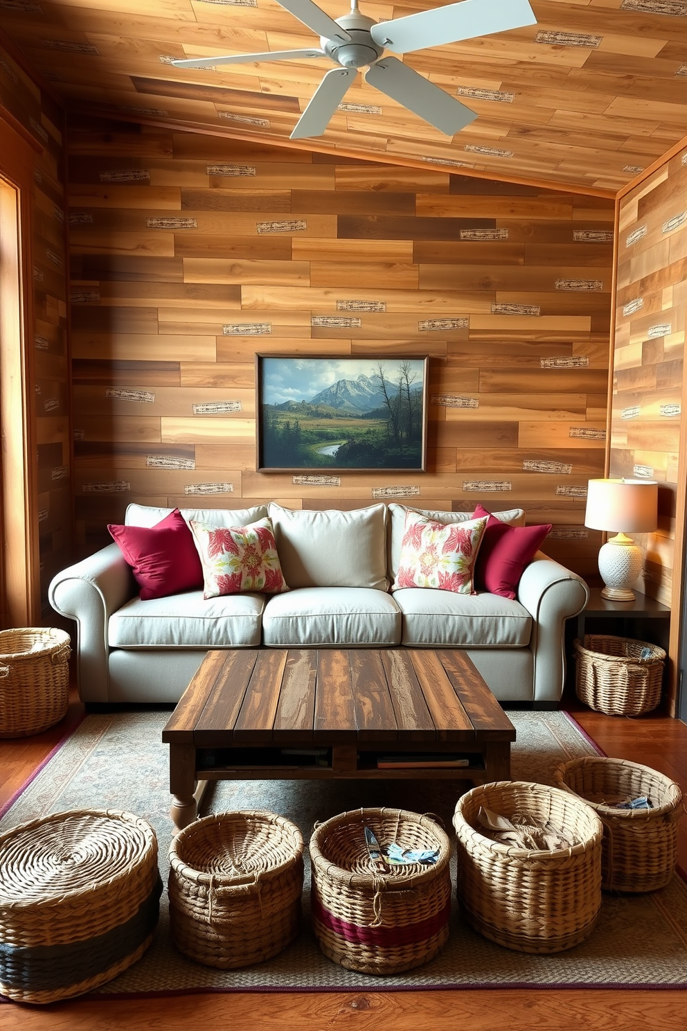 A cozy living room with rustic wood paneling that creates a warm and inviting atmosphere. The walls are adorned with textured wallpaper featuring earthy tones and subtle patterns that complement the wood. A plush sectional sofa in a neutral fabric is placed in the center, accented by colorful throw pillows. A reclaimed wood coffee table sits in front, surrounded by woven baskets for added texture and storage.