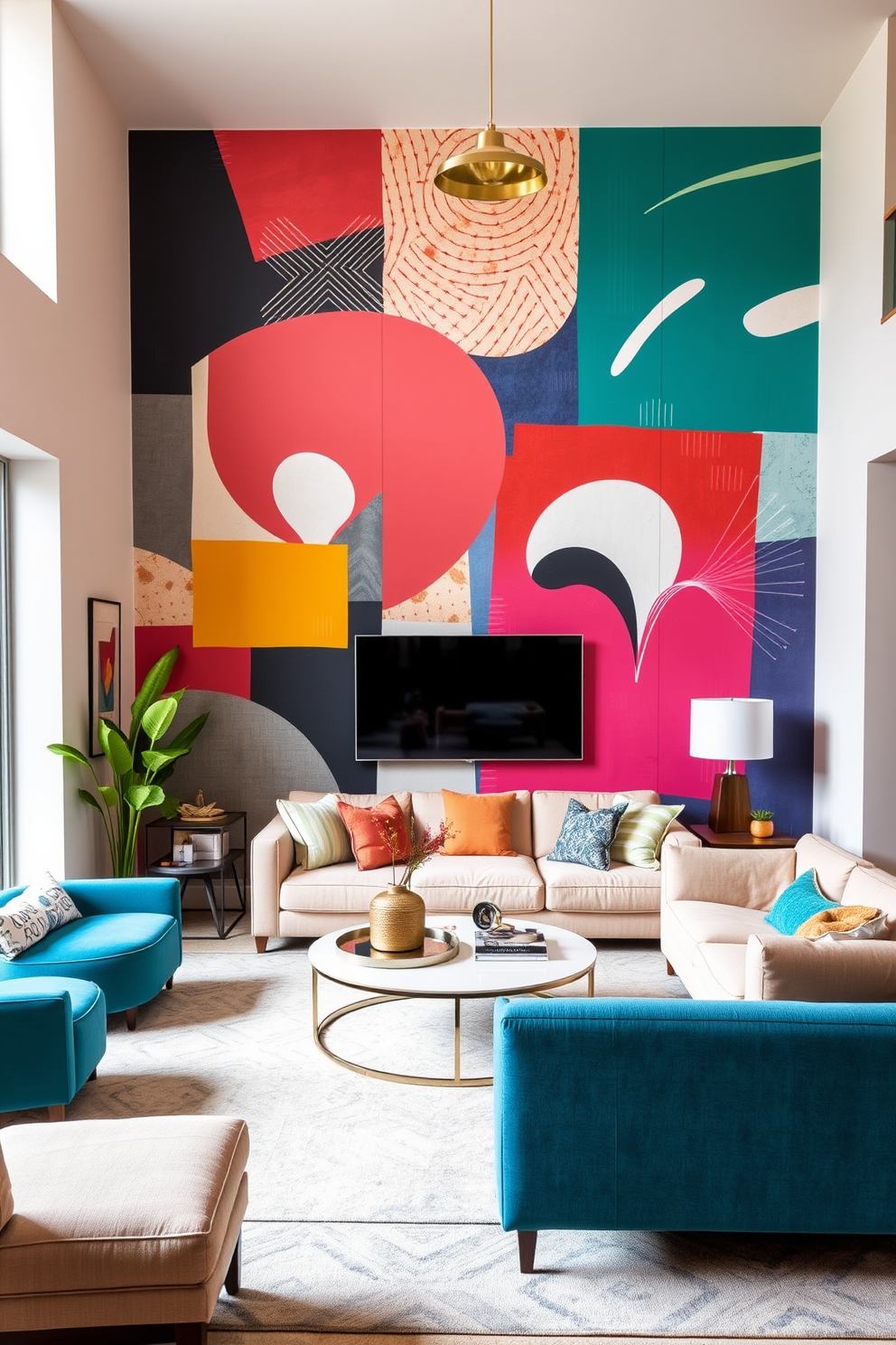 A vibrant living room featuring a statement wall adorned with graphic murals that showcase abstract designs in bold colors. The surrounding walls are painted in a soft neutral tone to enhance the impact of the mural, while modern furniture in complementary hues creates a cohesive look. The wallpaper design incorporates geometric patterns that add depth and interest to the space. Plush seating arrangements and artistic decor pieces complete the inviting atmosphere, making it a perfect spot for relaxation and entertainment.