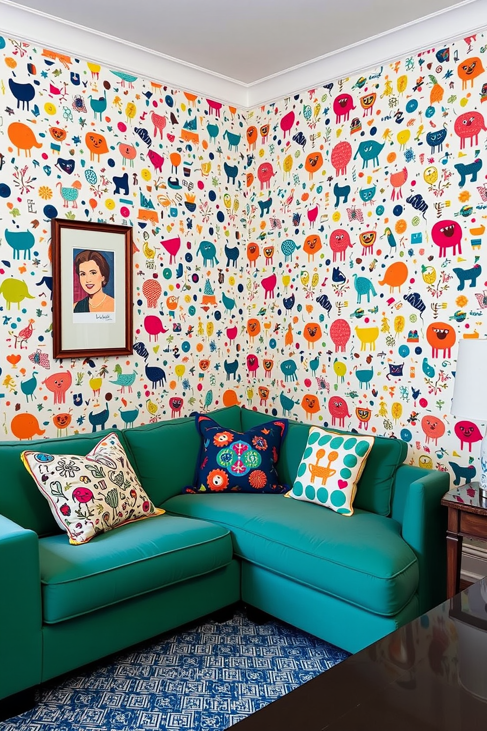 A vibrant living room filled with whimsical prints that create a playful atmosphere. The walls are adorned with a variety of colorful wallpaper patterns featuring abstract shapes and cheerful motifs. A plush sofa in a bold color complements the lively wallpaper, inviting comfort and joy. Decorative pillows with fun designs add an extra layer of personality to the space.