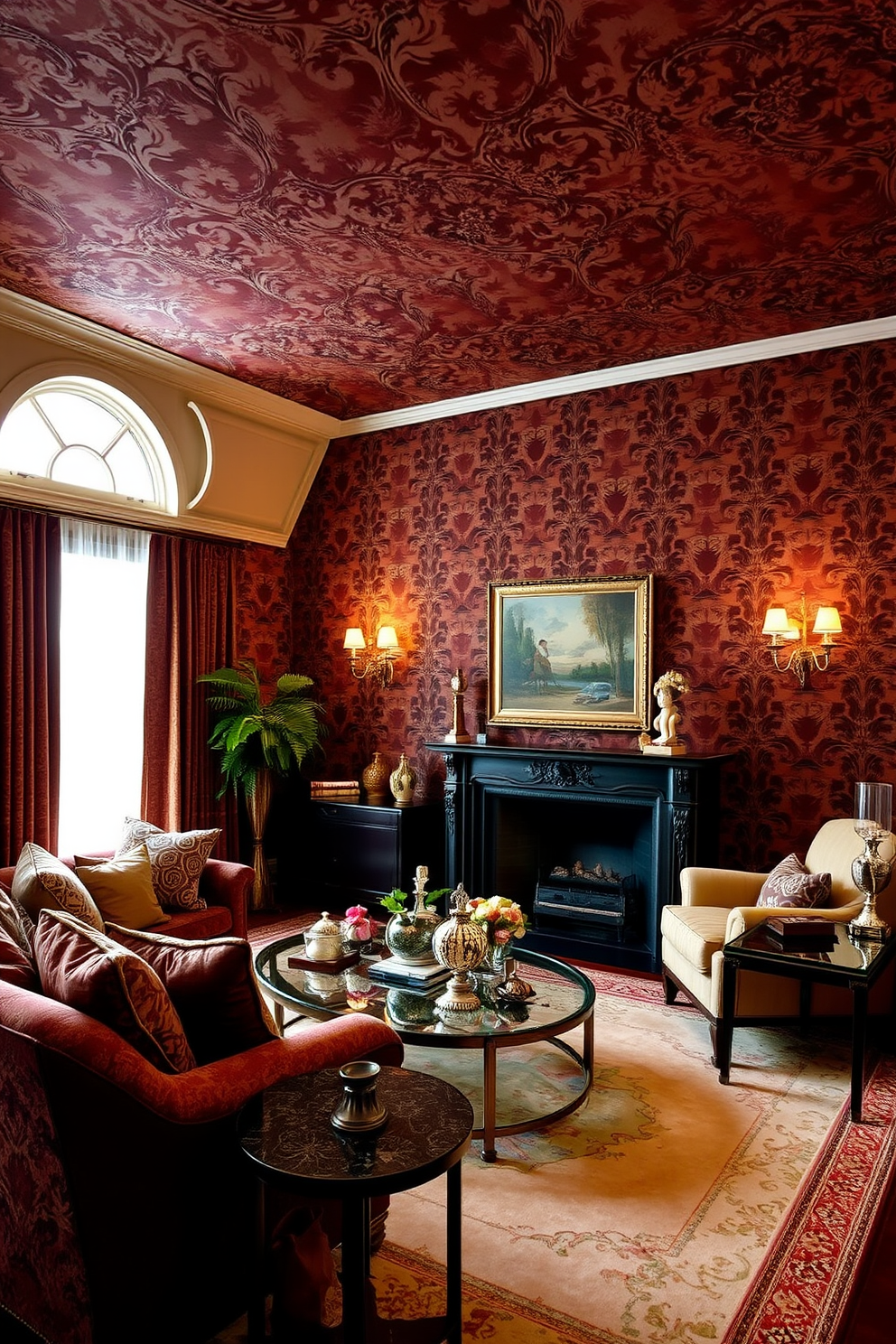 A luxurious living room adorned with damask patterned wallpaper in rich, deep hues. The elegant design creates a sophisticated backdrop for plush furnishings and decorative accents. The wallpaper features intricate details that enhance the room's opulence. Soft lighting highlights the textures, creating a warm and inviting atmosphere.