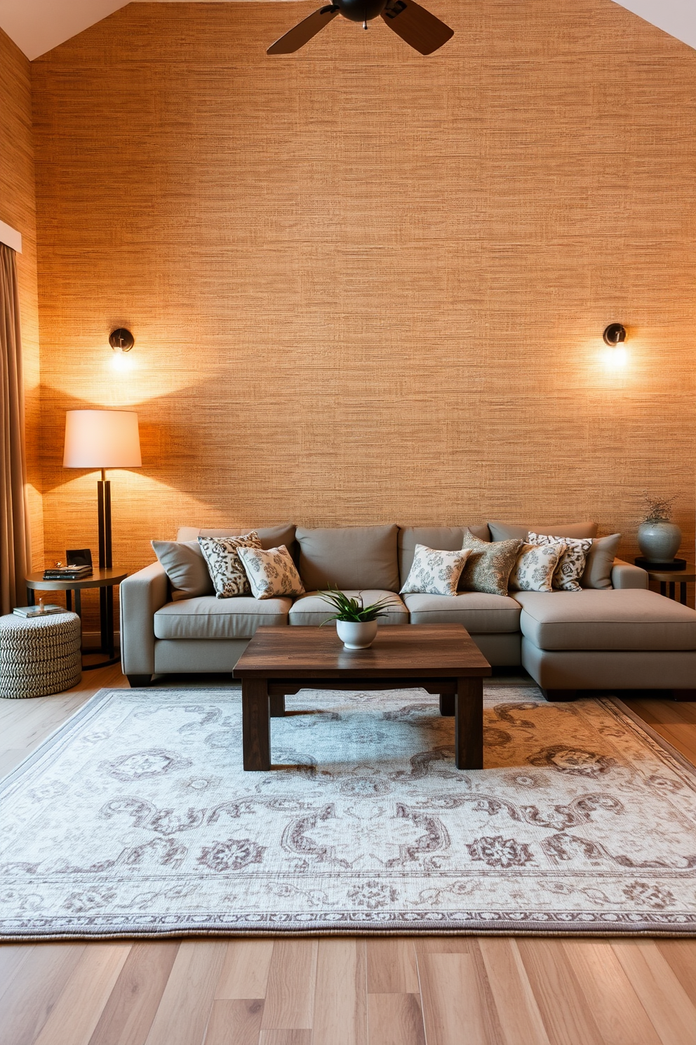 A cozy living room adorned with textured grasscloth wallpaper that adds natural warmth to the space. The walls are complemented by a plush sectional sofa in a neutral tone and a rustic wooden coffee table at the center. Warm lighting fixtures create an inviting ambiance, illuminating the room's earthy color palette. A large area rug with subtle patterns anchors the seating arrangement, while decorative throw pillows add a touch of comfort.