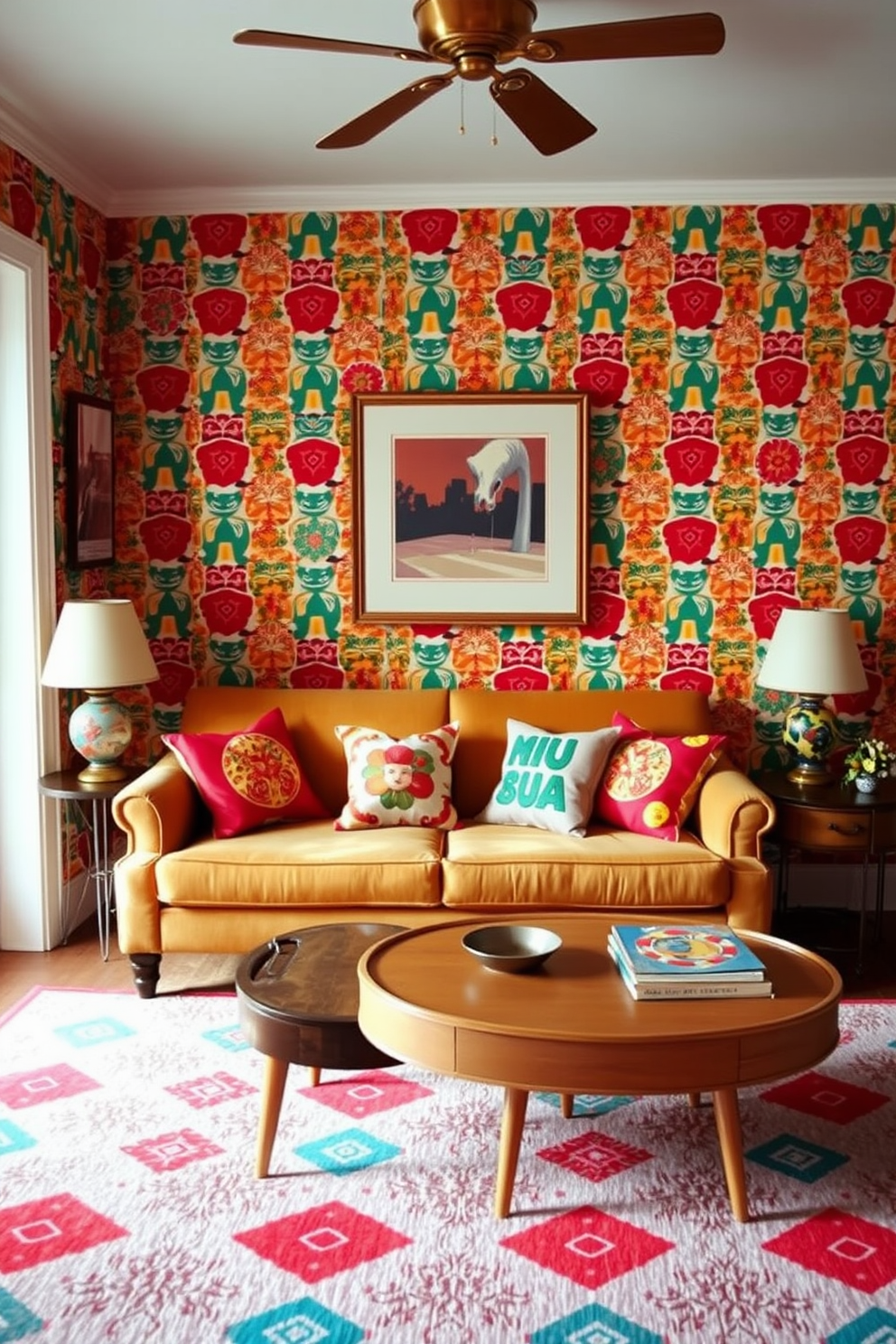 A cozy living room adorned with retro prints that evoke a sense of nostalgia. The walls are covered in vibrant wallpaper featuring geometric patterns and bold colors, creating a lively atmosphere. A plush sofa in a complementary hue is positioned in front of a vintage coffee table. Decorative cushions with playful designs add comfort and style to the seating area, enhancing the room's retro charm.