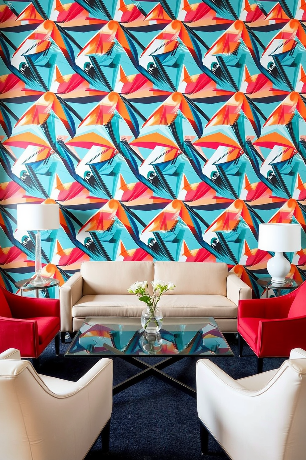 A striking living room adorned with bold geometric wallpaper that adds a modern flair to the space. The wallpaper features a vibrant color palette with sharp angles and dynamic shapes that create visual interest. The furniture is minimalist, with a sleek sofa in a neutral tone that complements the wallpaper. A glass coffee table sits in the center, surrounded by accent chairs that echo the geometric theme.