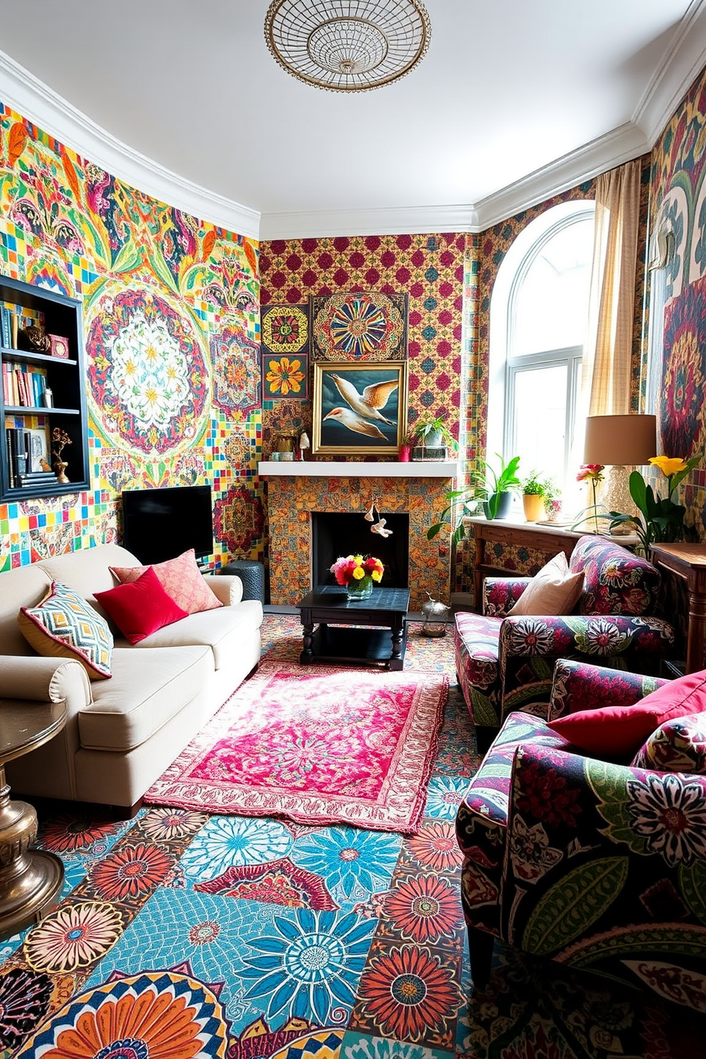 A vibrant living room filled with colorful mosaic designs that create an energetic atmosphere. The walls are adorned with intricate tile patterns in various hues, complementing the furniture and decor. Stylish wallpaper designs enhance the living space, featuring bold geometric shapes and floral motifs. These wallpaper choices add depth and character, making the room feel inviting and lively.