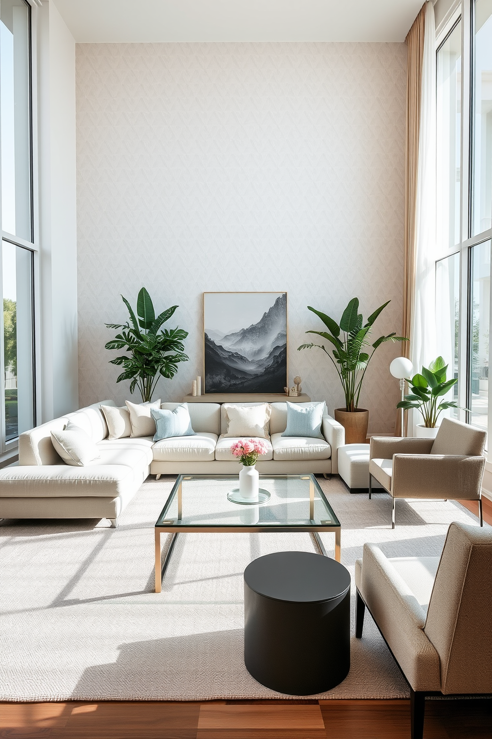 A minimalist living room features a neutral color palette with soft textures and clean lines. A large, comfortable sofa sits against a wall adorned with subtle geometric wallpaper, creating a serene and inviting atmosphere. The space includes a sleek coffee table made of glass and metal, surrounded by simple yet elegant accent chairs. Natural light floods in through large windows, enhancing the airy feel of the room while indoor plants add a touch of greenery.