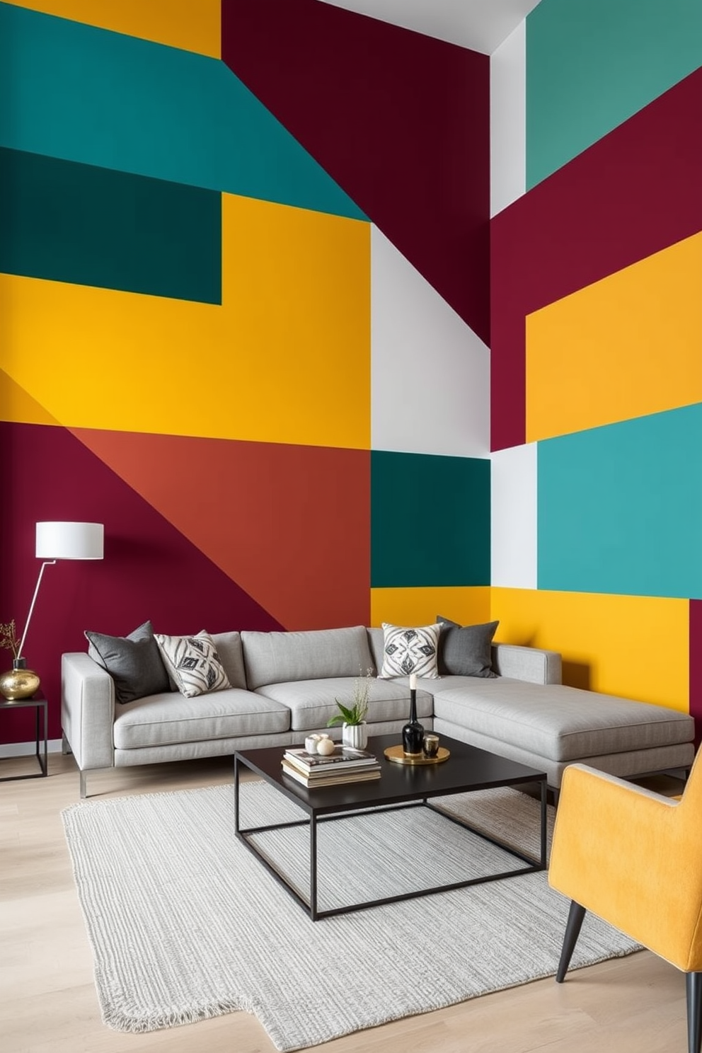 A contemporary living room featuring bold color blocks on the walls. The design includes a mix of vibrant hues like teal, mustard yellow, and deep burgundy, creating a striking visual impact. The furniture is minimalist with sleek lines, including a low-profile sofa in a neutral fabric. Accents like geometric throw pillows and a modern coffee table complement the bold wallpaper design.