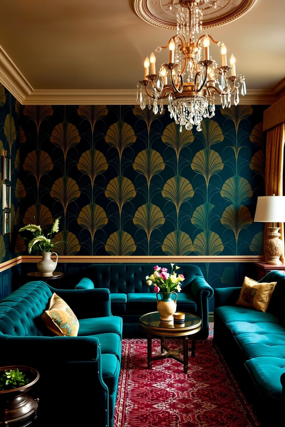 A vintage living room adorned with art deco patterns. The wallpaper features bold geometric shapes in rich gold and deep emerald tones, creating a sense of luxury and elegance. Plush velvet furniture in complementary colors enhances the sophisticated atmosphere. A statement chandelier hangs from the ceiling, casting a warm glow over the beautifully designed space.