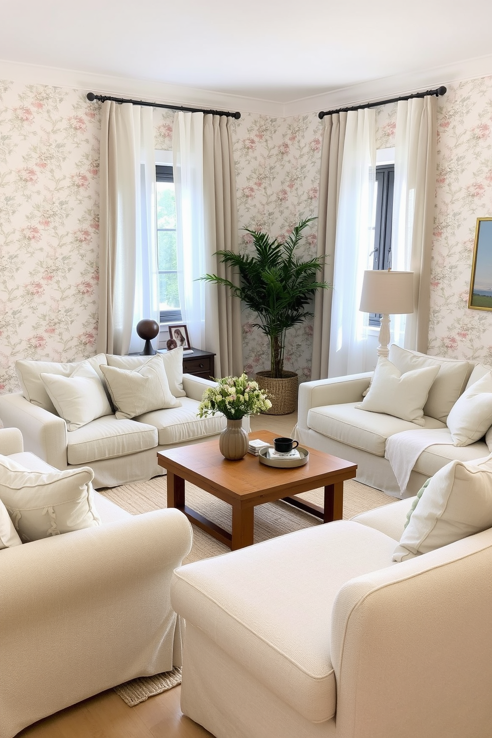 A cozy living room adorned with soft linen textures that create a relaxed atmosphere. The walls are covered with a subtle floral wallpaper in pastel colors, complementing the light beige sofa and plush throw pillows. Natural light filters through sheer linen curtains, enhancing the airy vibe of the space. A wooden coffee table sits in the center, surrounded by a mix of modern and vintage decor pieces that add character to the room.