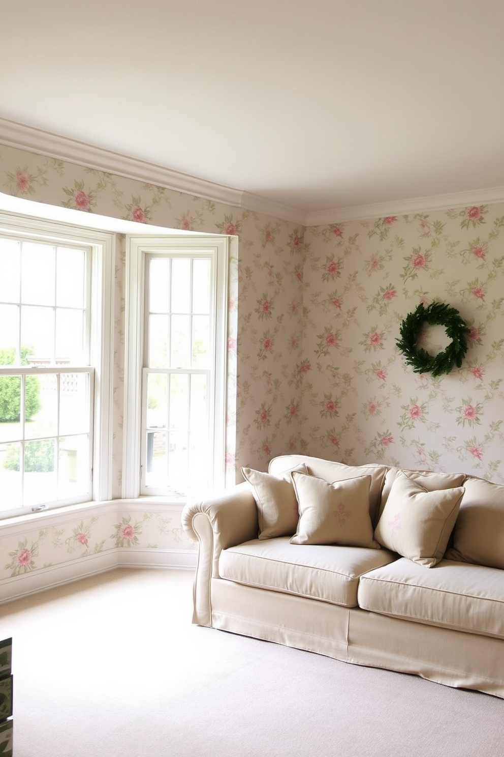 Cottage style wallpaper with floral patterns in soft pastel colors creates a charming and inviting atmosphere. The walls are adorned with delicate designs that evoke a sense of warmth and coziness in the living room. Complementing the wallpaper, a comfortable sofa in a light fabric sits against the wall, accented by plush throw pillows. Natural light floods the room through large windows, enhancing the cheerful ambiance of the space.