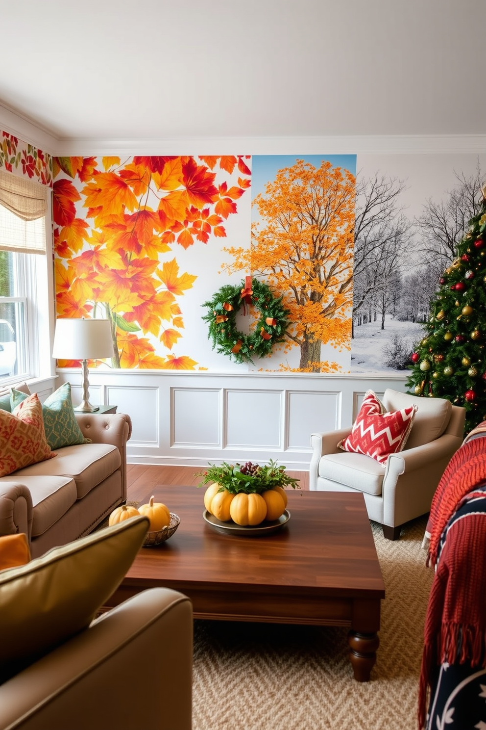 A cozy living room featuring seasonal themes that change with the time of year. The walls are adorned with removable wallpaper showcasing vibrant floral patterns in spring, warm autumn leaves in fall, and snowy winter scenes. The furniture is arranged to create an inviting atmosphere, with a plush sofa and colorful throw pillows. A stylish coffee table sits in the center, surrounded by seasonal decor like a pumpkin centerpiece in autumn and a festive wreath during the holidays.