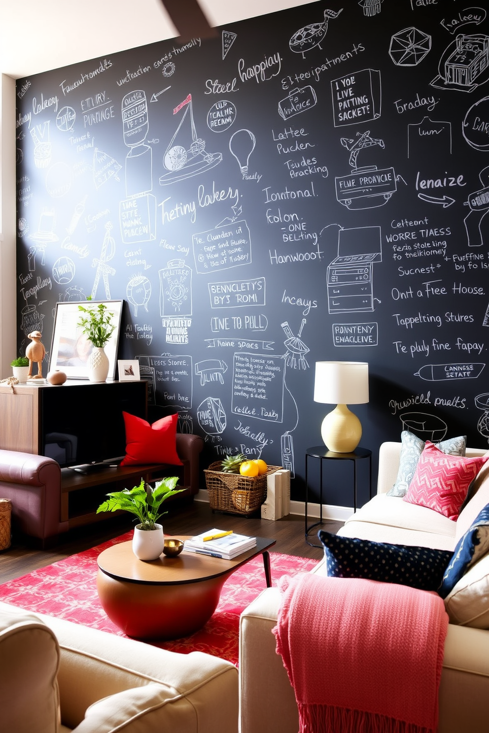 Chalkboard wallpaper creates a dynamic and interactive environment perfect for living spaces. It invites creativity and engagement, allowing family members and guests to leave messages or drawings. The living room features a stylish chalkboard wallpaper that serves as a focal point. Complemented by cozy furniture and vibrant accents, it transforms the room into a playful yet sophisticated area.