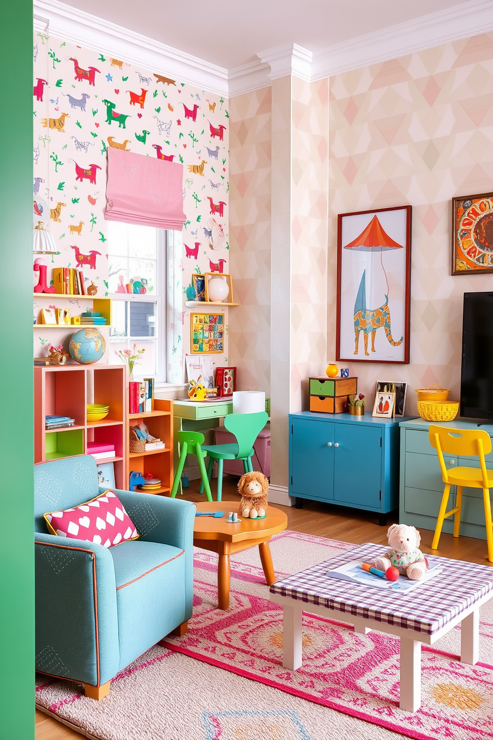 A vibrant children's play area filled with colorful furniture and playful decor. The walls are adorned with whimsical wallpaper featuring animals and bright patterns, creating an inviting atmosphere for creativity and fun. A stylish living room with unique wallpaper designs that enhance the overall aesthetic. The wallpaper features geometric shapes in soft pastel colors, adding a modern touch to the cozy seating arrangement.