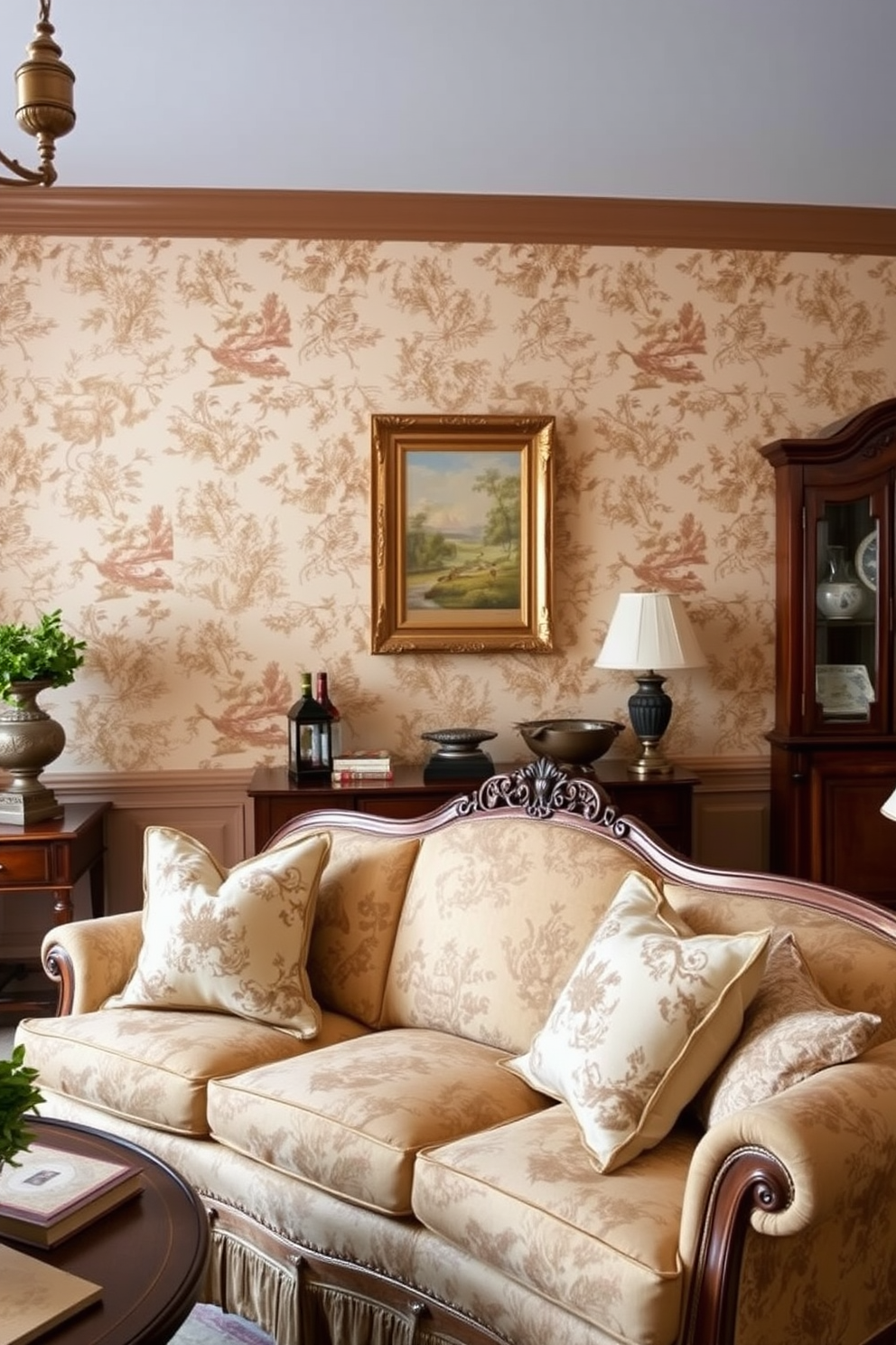 A classic toile wallpaper design in a traditional living room setting creates an elegant and timeless atmosphere. The intricate patterns feature pastoral scenes in soft colors, enhancing the warmth of the space. Complementing the wallpaper, a plush sofa adorned with coordinating throw pillows invites comfort and relaxation. Rich wooden furniture and ornate accents add to the classic charm, making the room feel inviting and sophisticated.