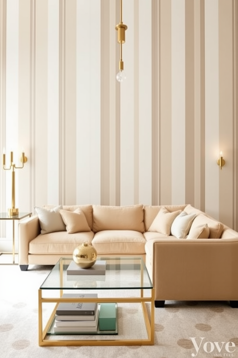 Classic stripes to elongate the space. The walls are adorned with elegant vertical stripes in soft neutral tones, creating an illusion of height and sophistication. A plush sectional sofa in a complementary shade is positioned in the center of the room. Accents of gold and glass in the coffee table and light fixtures add a touch of luxury to the inviting atmosphere.