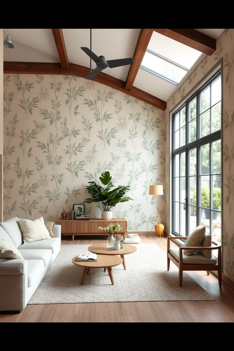 A serene living room setting inspired by nature. The walls are adorned with wallpaper featuring soft botanical prints in shades of green and beige. The furniture includes a plush sofa in a light neutral tone, complemented by wooden accents. Large windows allow natural light to flood the space, enhancing the calming atmosphere.