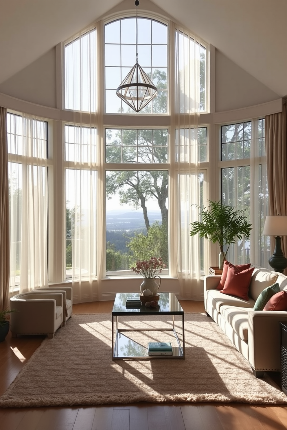 A spacious living room filled with natural light from large bay windows that frame a picturesque view of the outdoors. The windows are adorned with elegant sheer curtains that gently filter the sunlight, creating a warm and inviting atmosphere. The seating area features a plush sectional sofa in a soft neutral tone, complemented by vibrant throw pillows. A stylish coffee table sits at the center, surrounded by a cozy area rug that adds texture and warmth to the space.