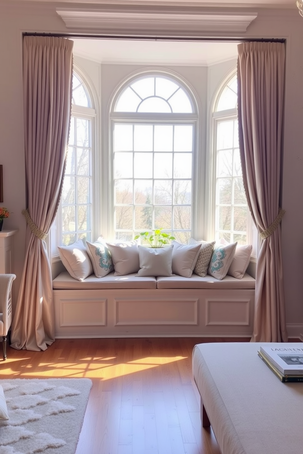 A cozy living room features a large window with a built-in window seat adorned with plush cushions in soft pastel colors. Natural light floods the space, highlighting the elegant drapes that frame the window and complement the warm wooden flooring. The window seat is surrounded by decorative throw pillows that add texture and warmth to the design. Potted plants sit on the ledge, bringing a touch of greenery and life to the inviting atmosphere.