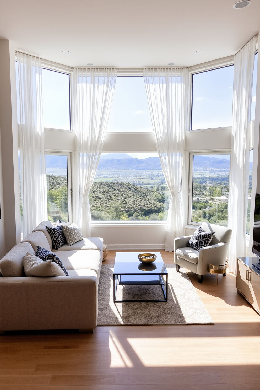 A bright and airy living room features corner windows that frame stunning panoramic views of the surrounding landscape. The space is filled with natural light, highlighting a plush sectional sofa and a sleek coffee table at the center. The corner windows are adorned with sheer white curtains that gently billow with the breeze. A cozy reading nook is created with a comfortable armchair positioned to take advantage of the breathtaking views.