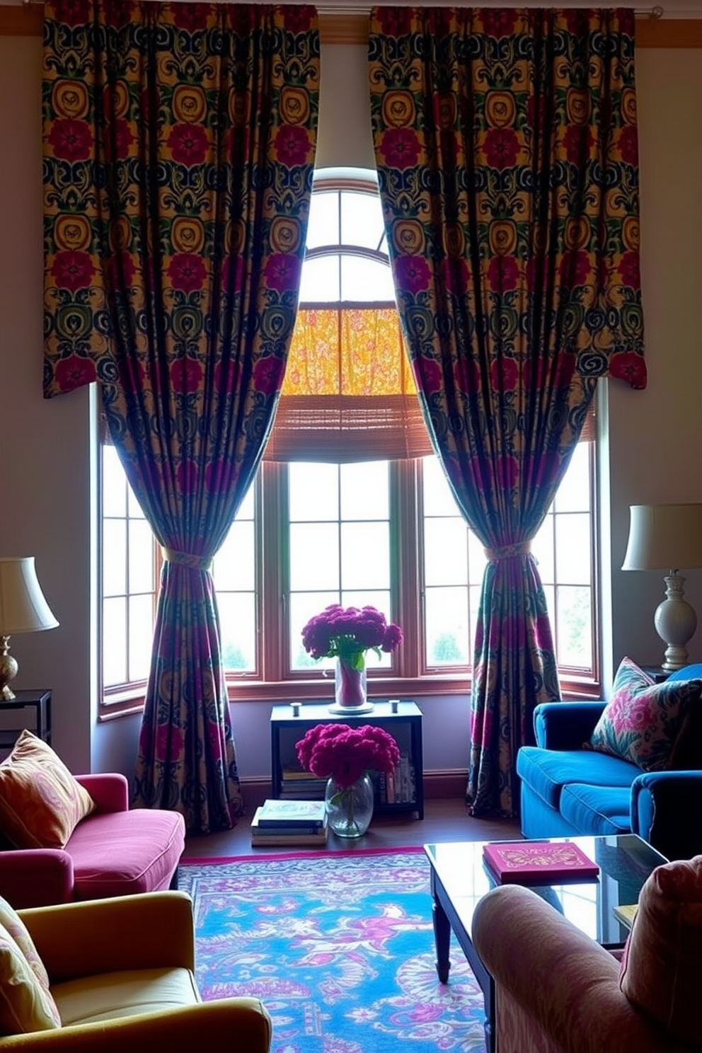 A vibrant living room setting featuring bold patterned drapes that add a splash of color and personality to the space. The drapes frame a large window, allowing natural light to flood the room while creating a cozy and inviting atmosphere. The walls are painted in a soft neutral tone to balance the boldness of the drapes. Complementing furniture pieces in rich textures and colors enhance the overall decor, creating a harmonious and stylish living area.