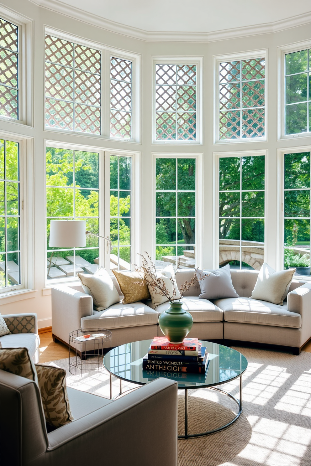 A bright and airy living room features large lattice windows that allow natural light to flood the space. The windows are framed with white trim, and the lattice design adds a unique flair to the overall aesthetic. Inside, the living room is decorated with a plush sectional sofa in a soft gray fabric. A round coffee table sits in the center, adorned with a stylish vase and a stack of art books, creating an inviting atmosphere.