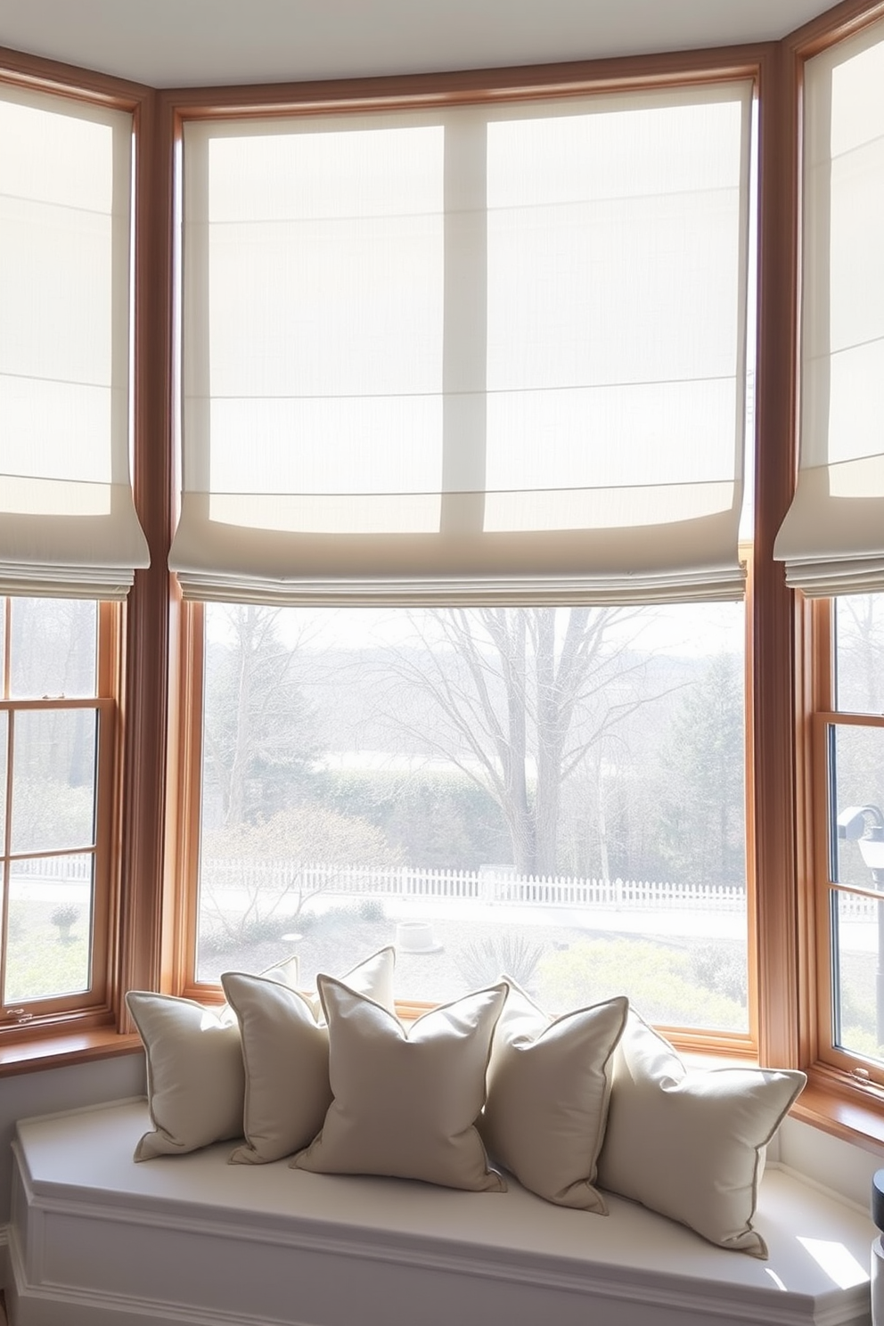 A bright and airy living room features large windows adorned with elegant Roman shades that provide a clean and sophisticated finish. The shades are made of light linen fabric in a soft neutral tone, allowing natural light to filter through while maintaining privacy. The window design incorporates sleek wooden trim that complements the overall decor of the room. Below the windows, a cozy window seat is adorned with plush cushions, creating a perfect nook for relaxation and reading.