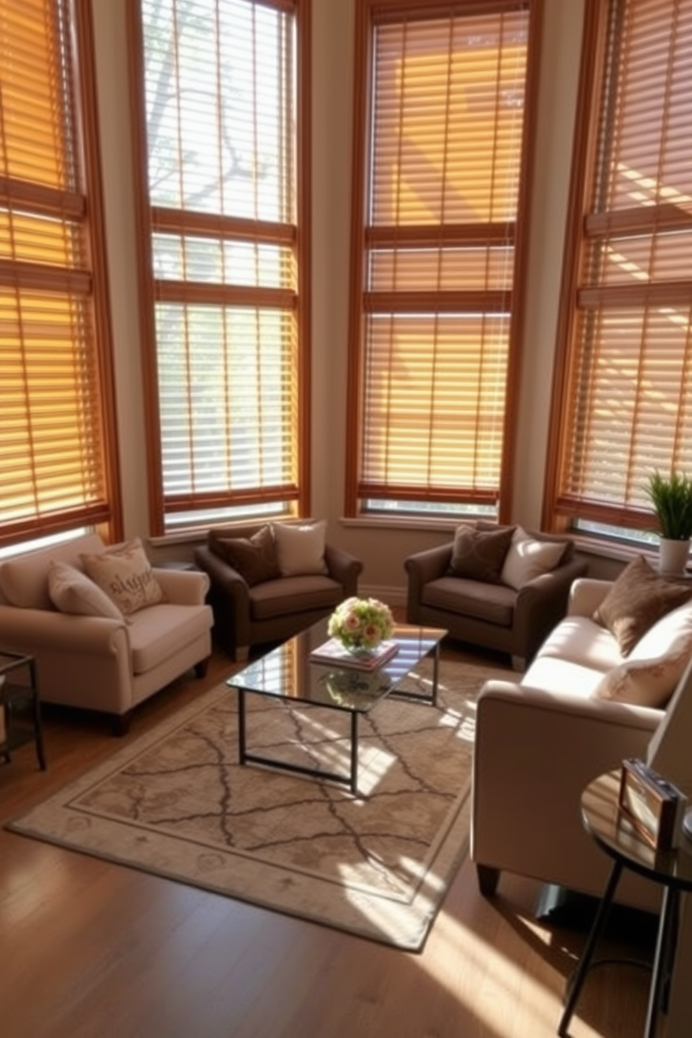 A cozy living room featuring large windows adorned with wooden blinds that create a warm and inviting atmosphere. The natural wood tones of the blinds complement the soft, neutral color palette of the room, enhancing the overall comfort of the space. Plush seating arrangements are positioned to take advantage of the natural light streaming through the windows. Decorative cushions and a stylish area rug add texture and warmth, making the living room a perfect spot for relaxation and social gatherings.