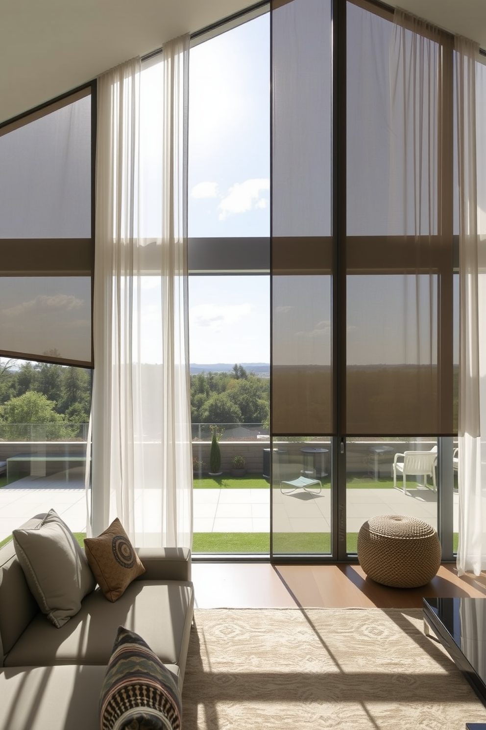 A modern living room featuring large retractable screens that open to allow fresh air to flow in. The screens are framed in sleek aluminum, seamlessly blending with the contemporary design of the room. The windows are designed with floor-to-ceiling glass panels, providing an unobstructed view of the outdoor landscape. Soft, sheer curtains complement the windows, adding a touch of elegance while maintaining a light and airy feel.