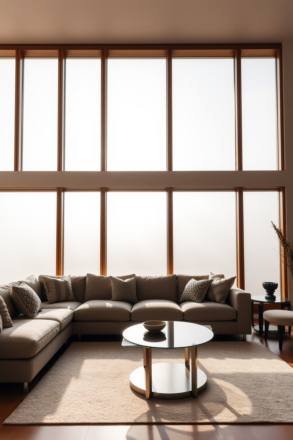 A modern living room features large translucent panels that allow soft light to filter in, creating a warm and inviting atmosphere. The panels are framed with sleek wood trim, complementing the minimalist decor of the space. In front of the windows, a plush sectional sofa invites relaxation, adorned with textured throw pillows in muted tones. A stylish coffee table made of glass and metal sits at the center, reflecting the gentle light from the panels.