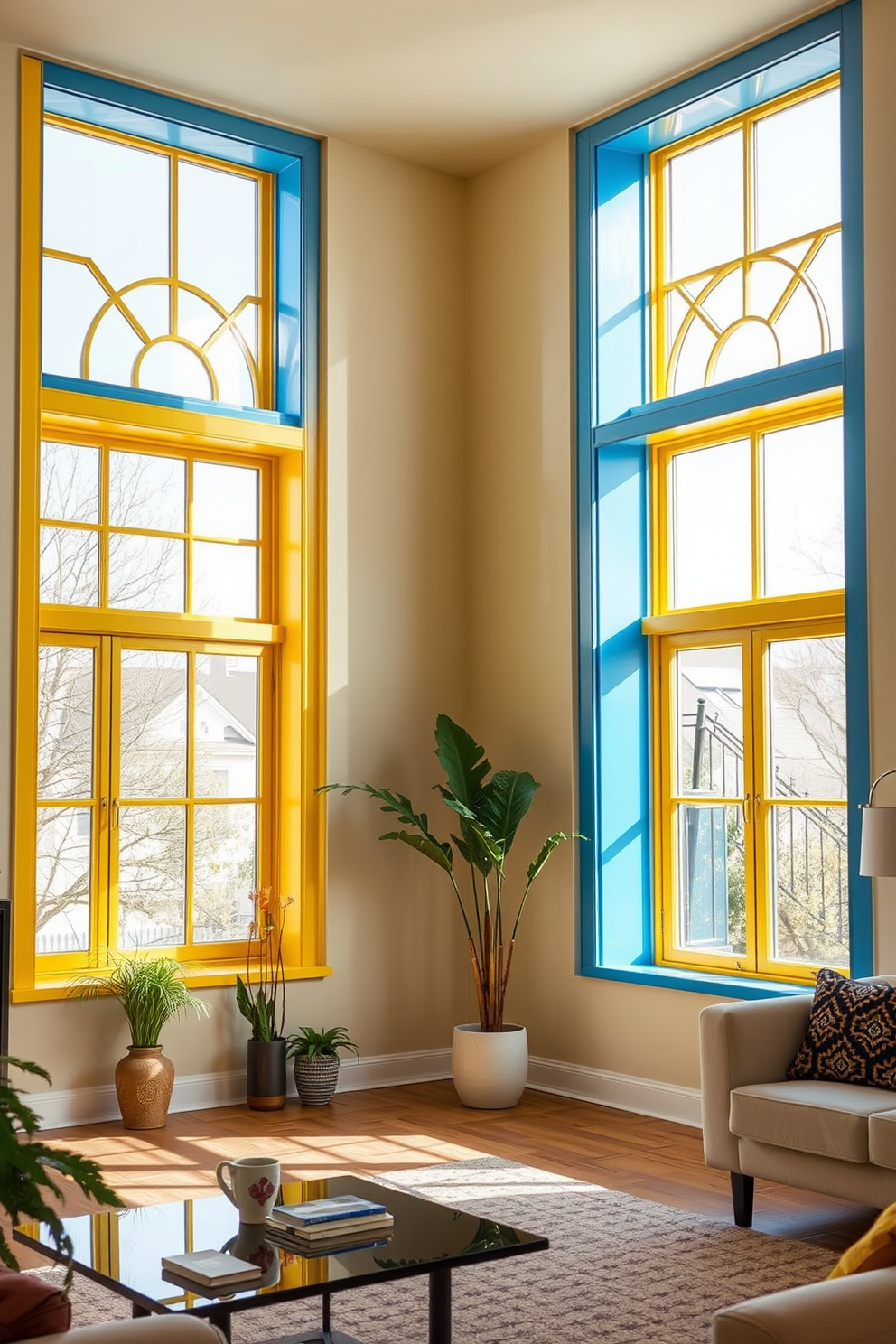 Colorful window frames to brighten space. The living room features large windows with vibrant blue and yellow frames that create a cheerful atmosphere.