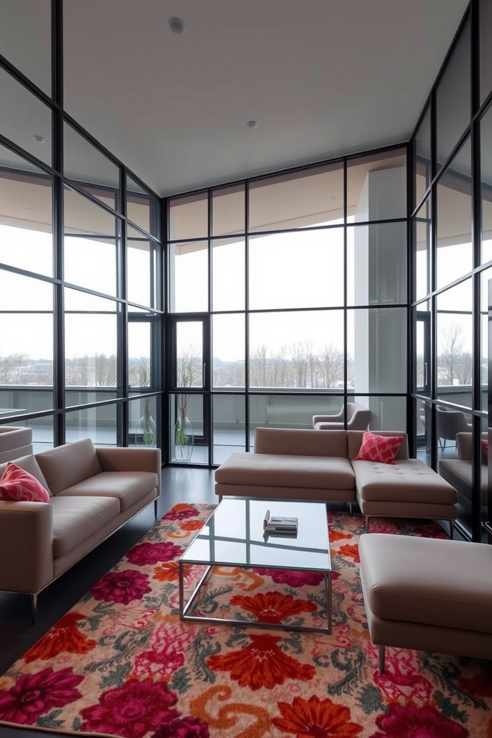 A modern living room featuring large mirrored windows that reflect natural light and create an illusion of spaciousness. The windows are framed in sleek black metal, enhancing the contemporary aesthetic of the room. Inside, a plush sectional sofa in a neutral tone is positioned to face a minimalist coffee table. A vibrant area rug adds warmth and color to the space, complementing the overall design.