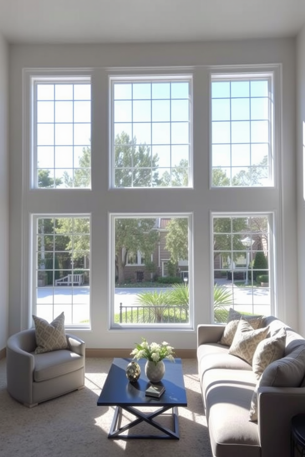 A bright and airy living room features large transom windows above the main windows, allowing natural light to flood the space. The windows are framed in a sleek white trim, enhancing the room's elegant and open feel. The seating area is arranged around a modern coffee table, with a plush sectional sofa in a soft gray fabric. Decorative pillows in various textures and colors add a touch of warmth and personality to the space.