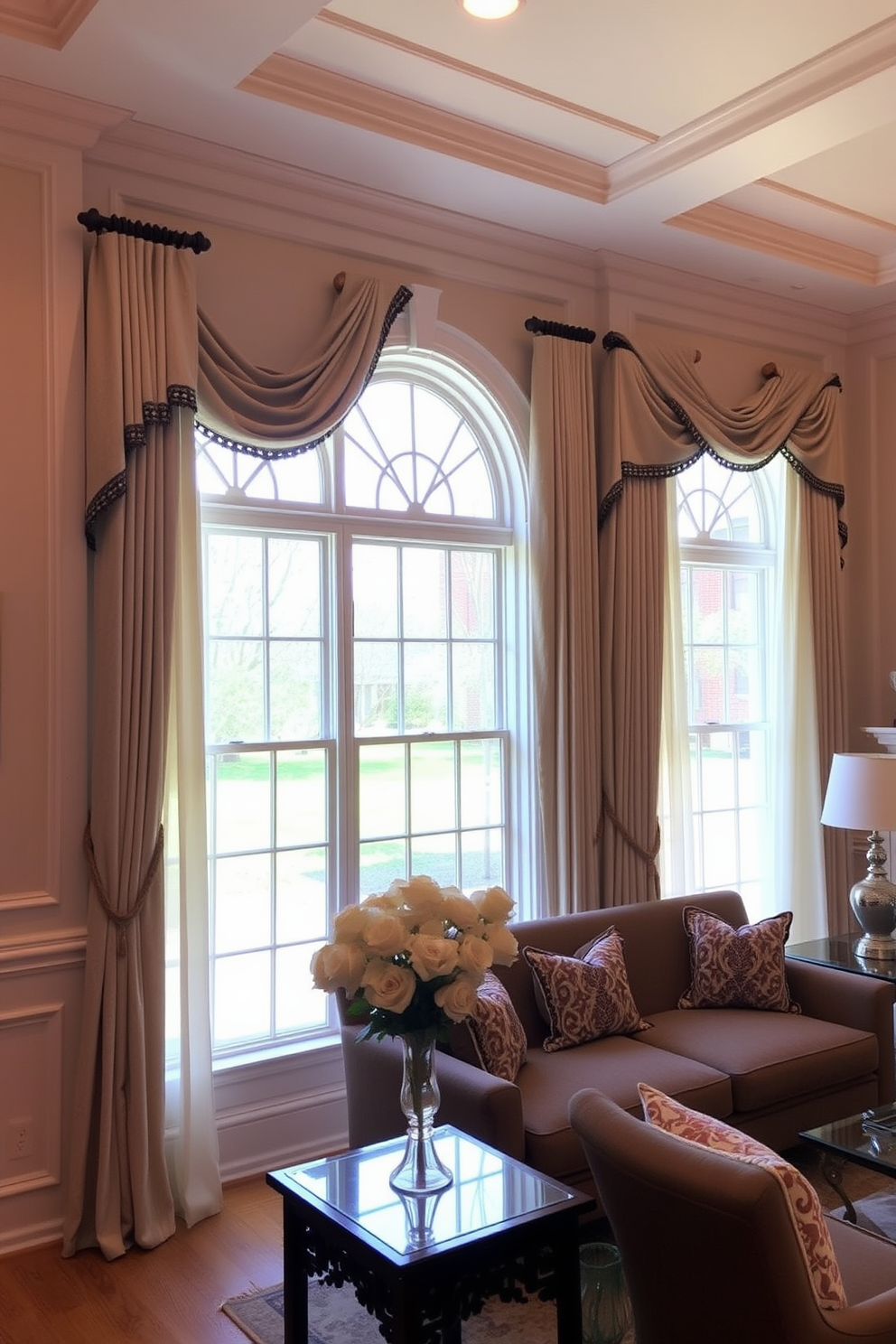 A decorative window trim enhances architectural interest in a living room setting. The trim features intricate molding and a soft white finish, complementing the overall decor. Large windows are adorned with elegant drapes that cascade to the floor, adding a touch of luxury. Natural light floods the space, highlighting the beautiful window design and creating a warm, inviting atmosphere.