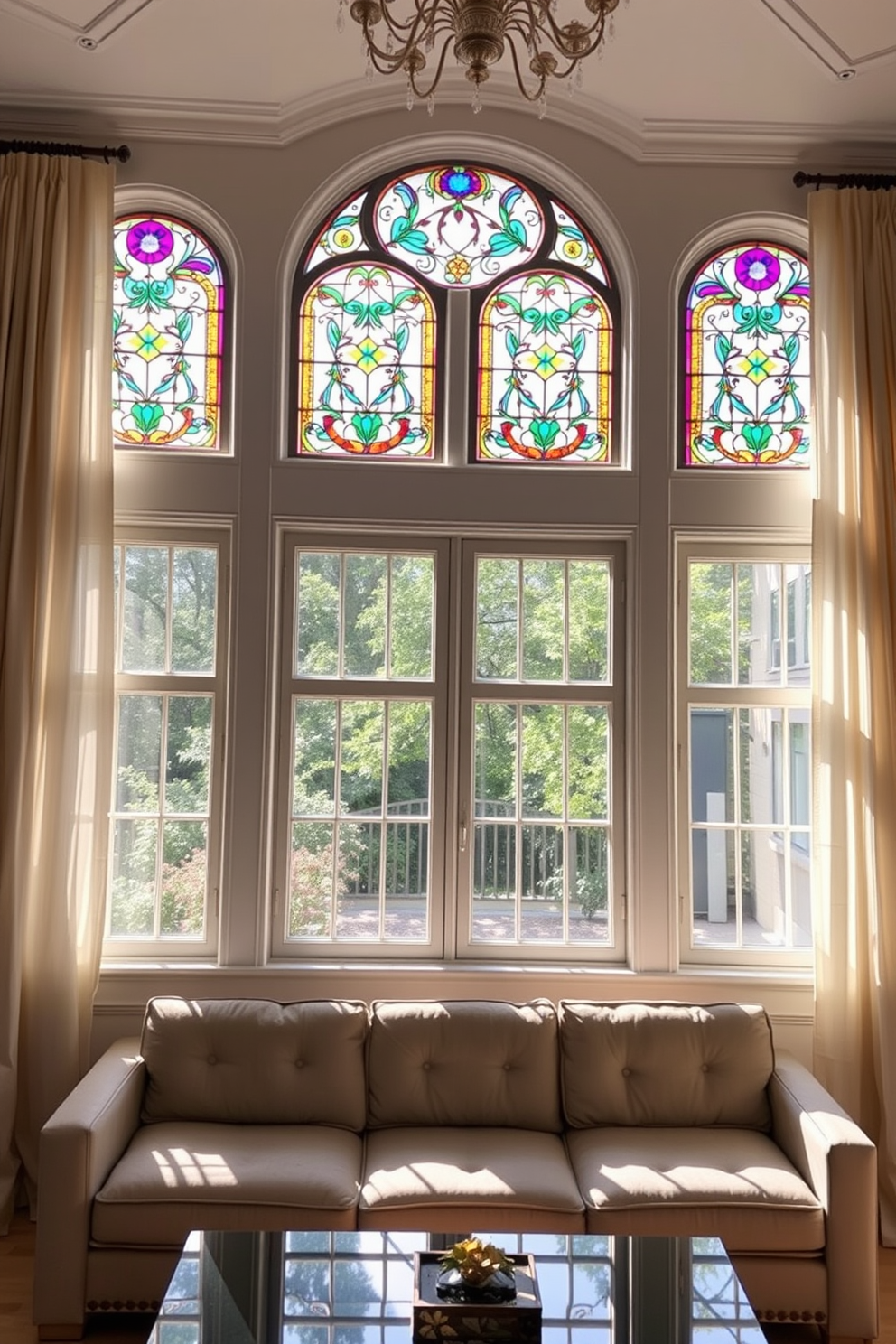 A vibrant living room filled with natural light. The large window features intricate stained glass accents that cast colorful patterns across the room. The window is framed with elegant drapes in a soft cream color. Below the window, a cozy seating area includes a plush sofa and a stylish coffee table, creating an inviting atmosphere.