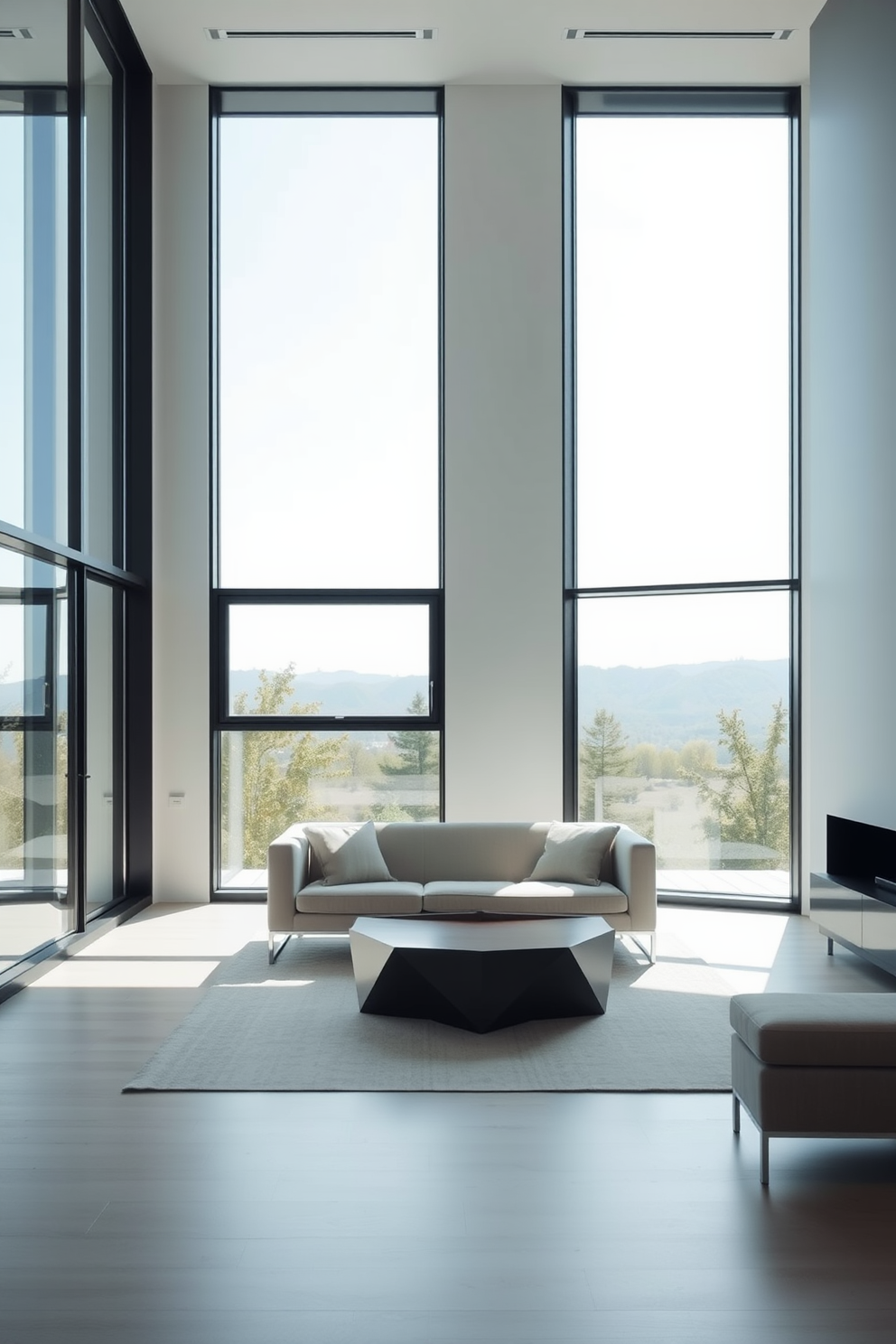 A minimalist living room features large windows framed in sleek black, allowing natural light to flood the space. The clean lines of the black frames enhance the modern aesthetic, creating a striking contrast against the light-colored walls. Inside, a low-profile sofa in neutral tones complements the simplicity of the design. A geometric coffee table sits at the center, adding a touch of contemporary style to the inviting atmosphere.