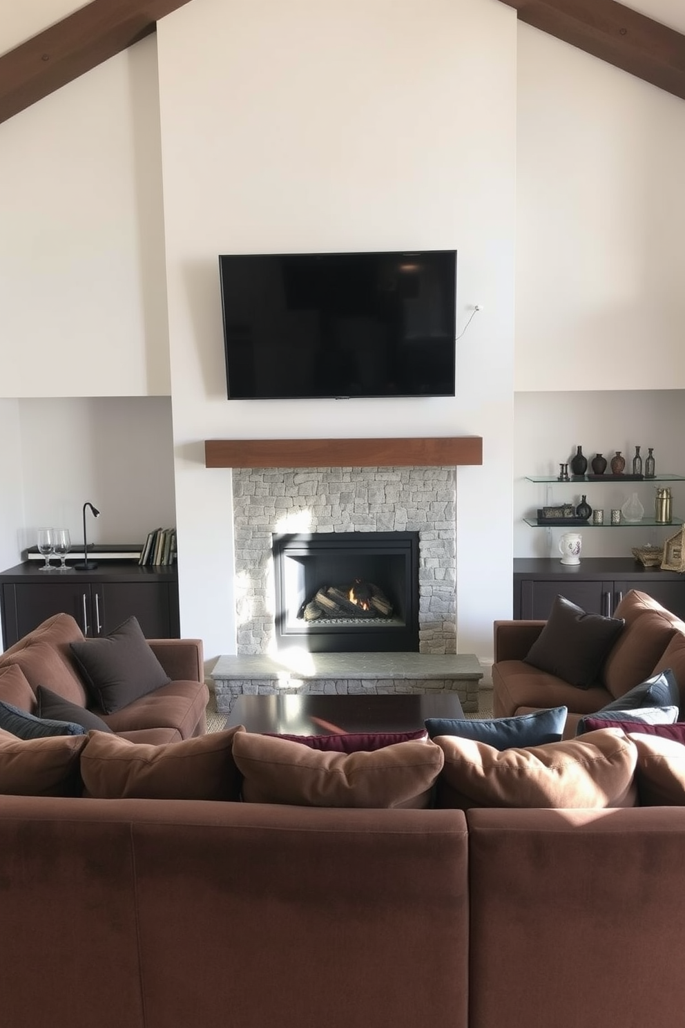 A cozy living room features a plush sectional sofa arranged around a modern fireplace, creating an inviting atmosphere. The fireplace is framed with natural stone, and above it hangs a sleek flat-screen TV, perfect for family gatherings and movie nights.