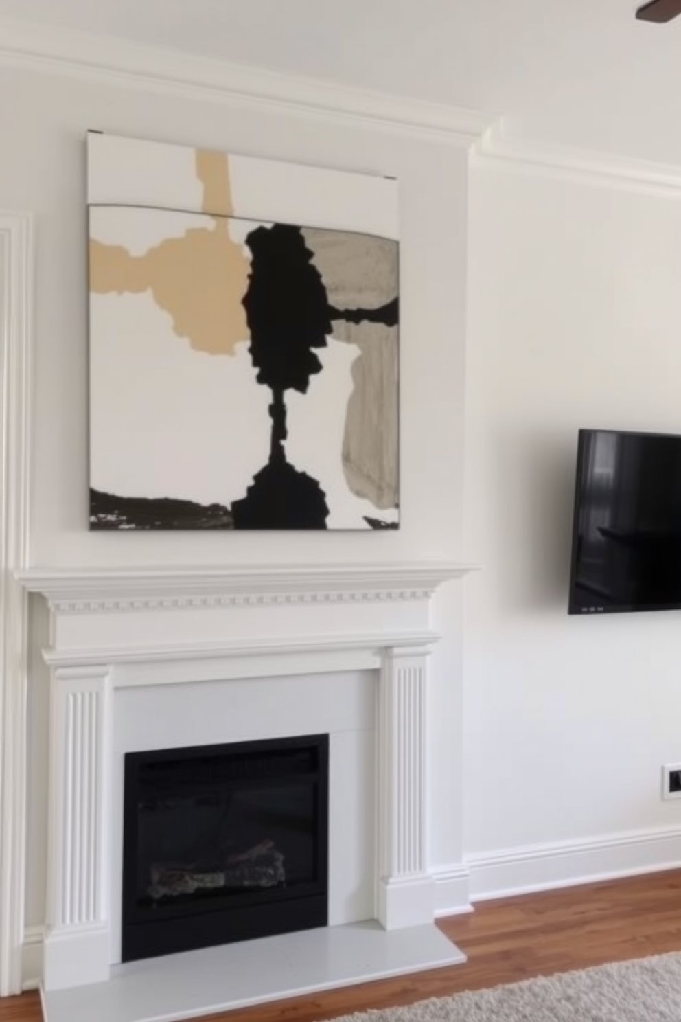 Classic white mantel with a large abstract artwork above creates a focal point in the living room. The fireplace beneath the mantel features a sleek design, while a flat-screen TV is mounted on the wall to the side, blending functionality with style.