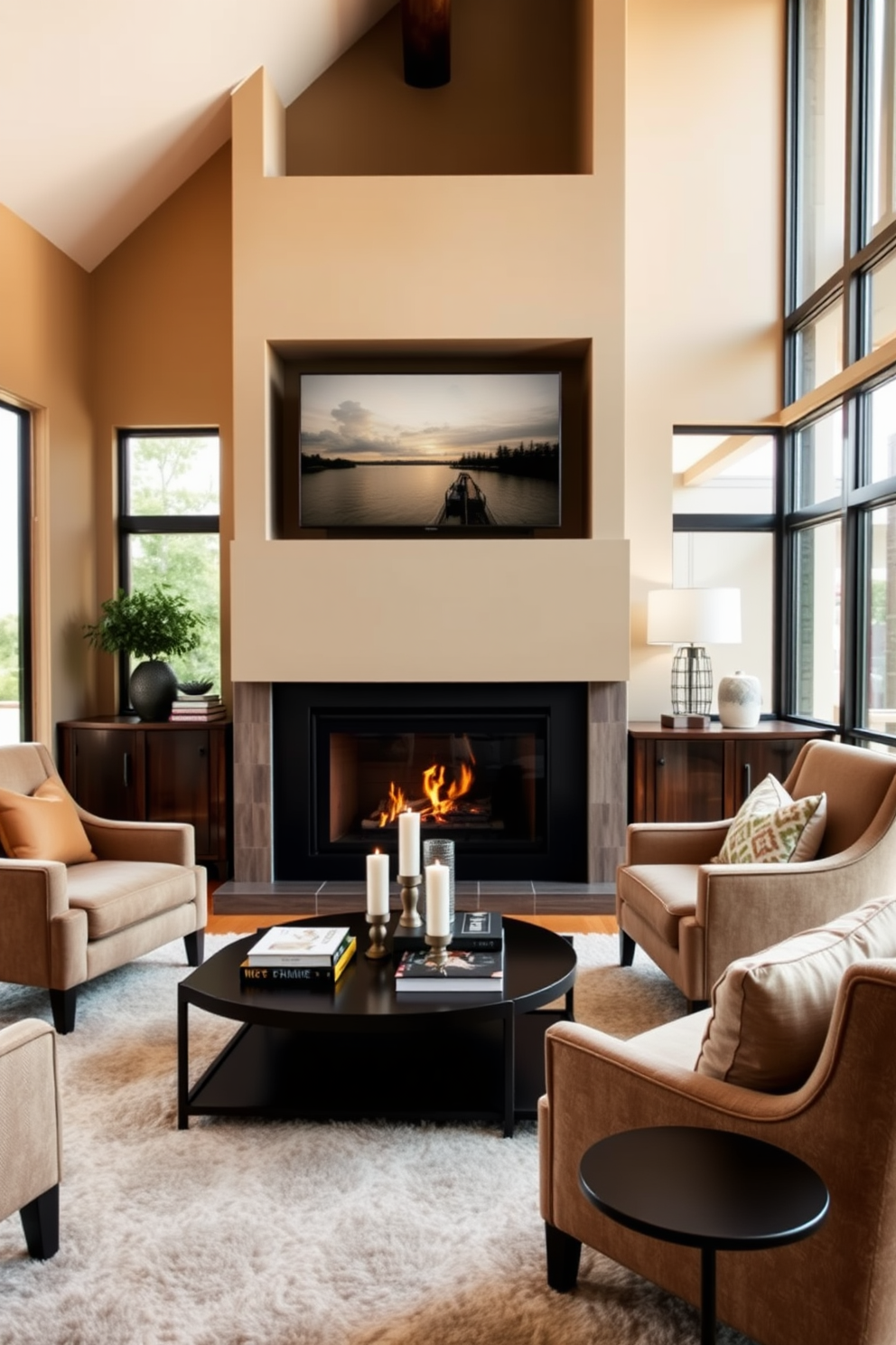 A corner fireplace serves as the focal point of a cozy seating area, surrounded by plush armchairs and a soft area rug. The walls are painted in warm neutrals, and a stylish coffee table sits in front of the seating, adorned with books and candles. In the living room, a modern TV unit complements the fireplace, providing an elegant display for entertainment. Large windows allow natural light to flood the space, enhancing the inviting atmosphere.