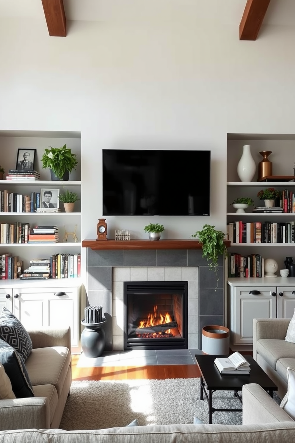 Open shelving for books and decor creates a stylish and functional living room space. The shelves are filled with a mix of books, plants, and decorative items, providing a personalized touch. The living room features a cozy fireplace as the focal point, with a modern TV mounted above it. Comfortable seating arrangements are positioned to encourage conversation while enjoying the warmth of the fire.