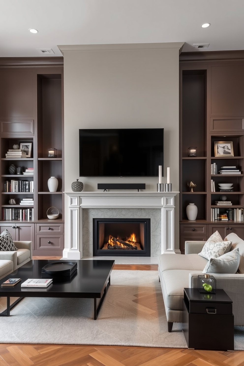 A spacious living room features a large framed TV that resembles a piece of artwork, seamlessly integrated into the design. The fireplace serves as a focal point, surrounded by elegant built-in shelves filled with curated decor and books.