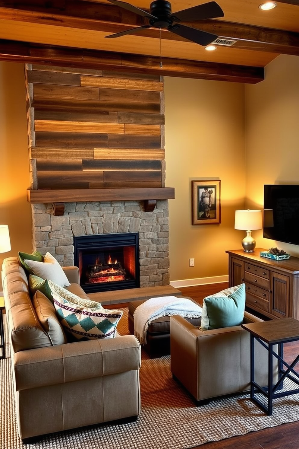 A cozy living room featuring warm tones and a rustic fireplace as the focal point. The fireplace is made of reclaimed wood with a stone surround, and a comfortable sectional sofa is arranged nearby, adorned with plush throw pillows. On the opposite wall, a large flat-screen TV is mounted, complemented by a stylish media console in a distressed finish. Soft lighting from table lamps creates an inviting atmosphere, while a woven area rug anchors the space.